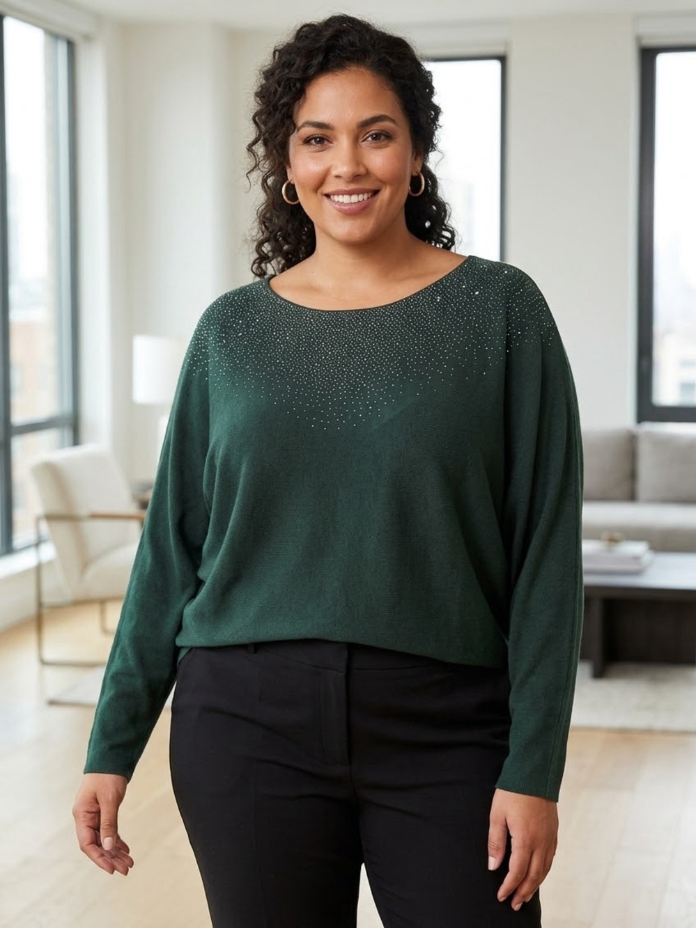 Max Studio Forest Green Jewel-Embellished Scoop Neck Sweater
